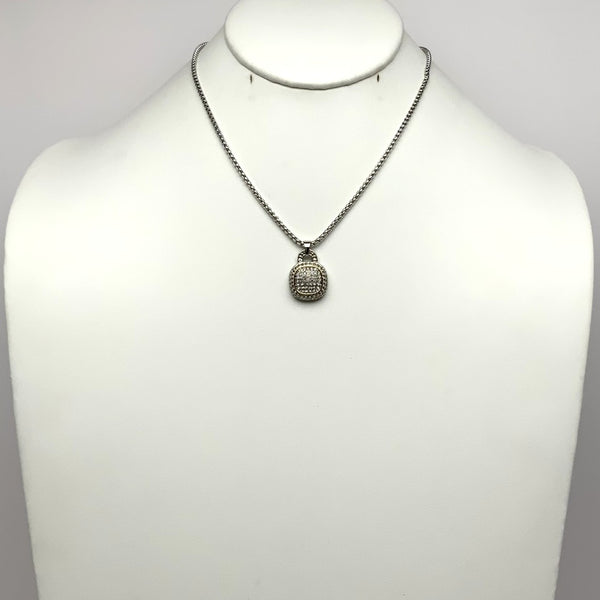 Short Designer Look Necklace with CZ Crusted Square Pendant