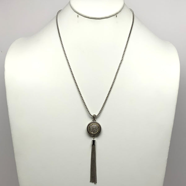 Long Designer Look Tassel Necklace with CZ Crusted Circle