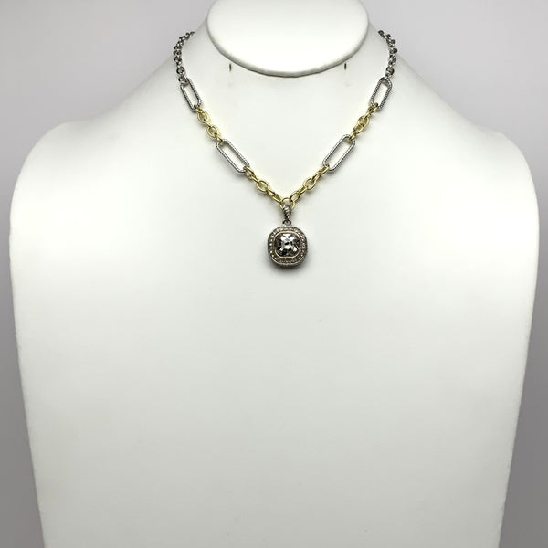 Short Designer Look Chain Link Necklace with CZ Square Pendant