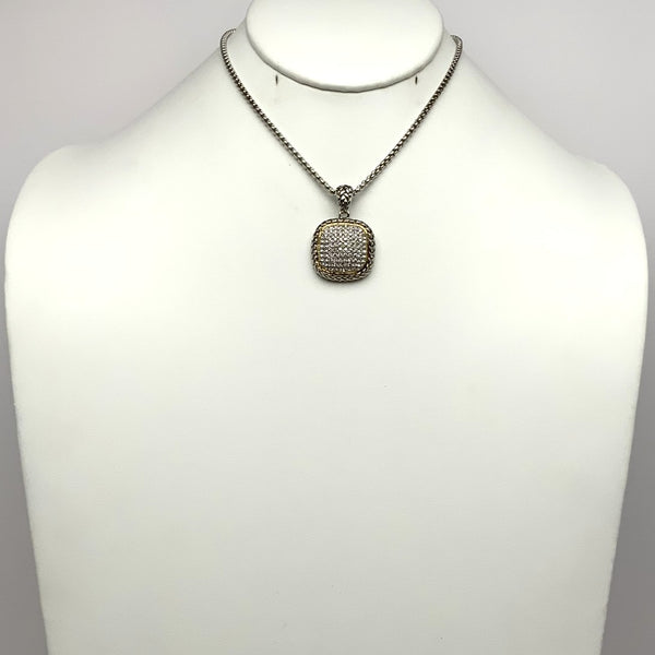Short Designer Look Necklace with CZ Crusted Square Pendant