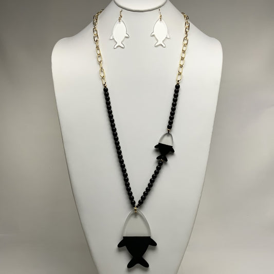 Long Chain Link with Wood Beads and Lucite Fish