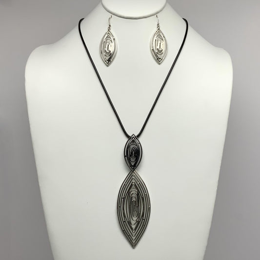 Long Vinyl Cord Necklace Set with Marquis Shape Pendants