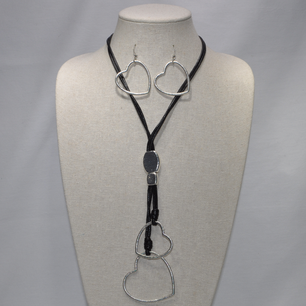 Long Vinyl Cord with Heart Tassel Necklace Set