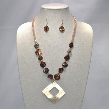 Rhinestone and Opal Stones with Square Drop Necklace Set