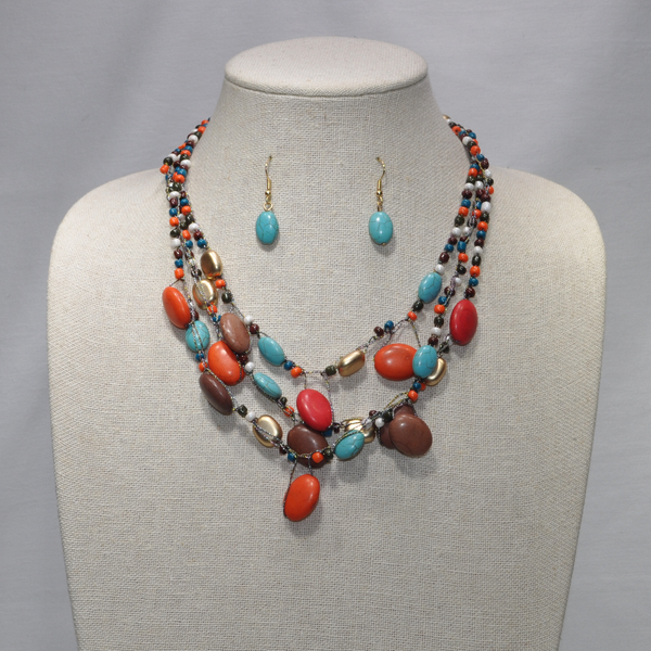 Three Strand Short Wood Bead Necklace Set