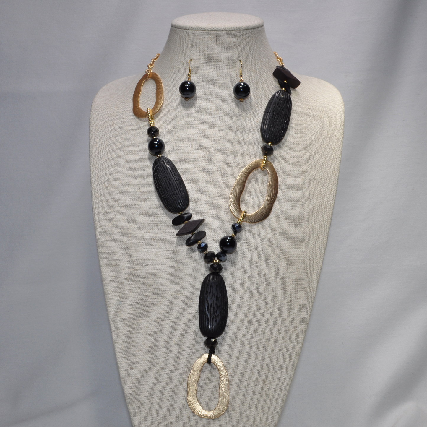 Long Wood Look Kidney Shape Beads "Y" Shape Necklace Set