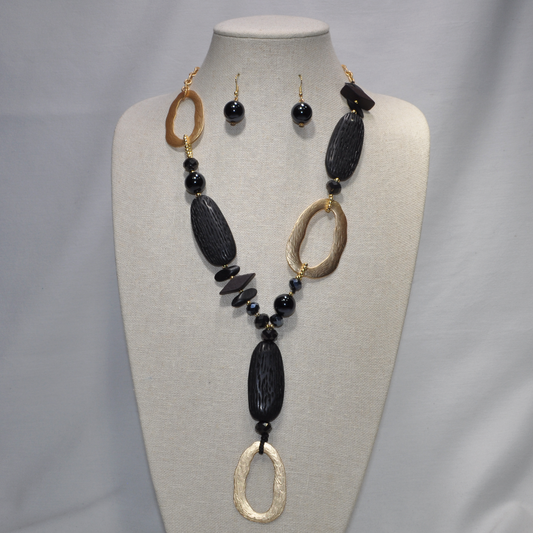Long Wood Look Kidney Shape Beads "Y" Shape Necklace Set
