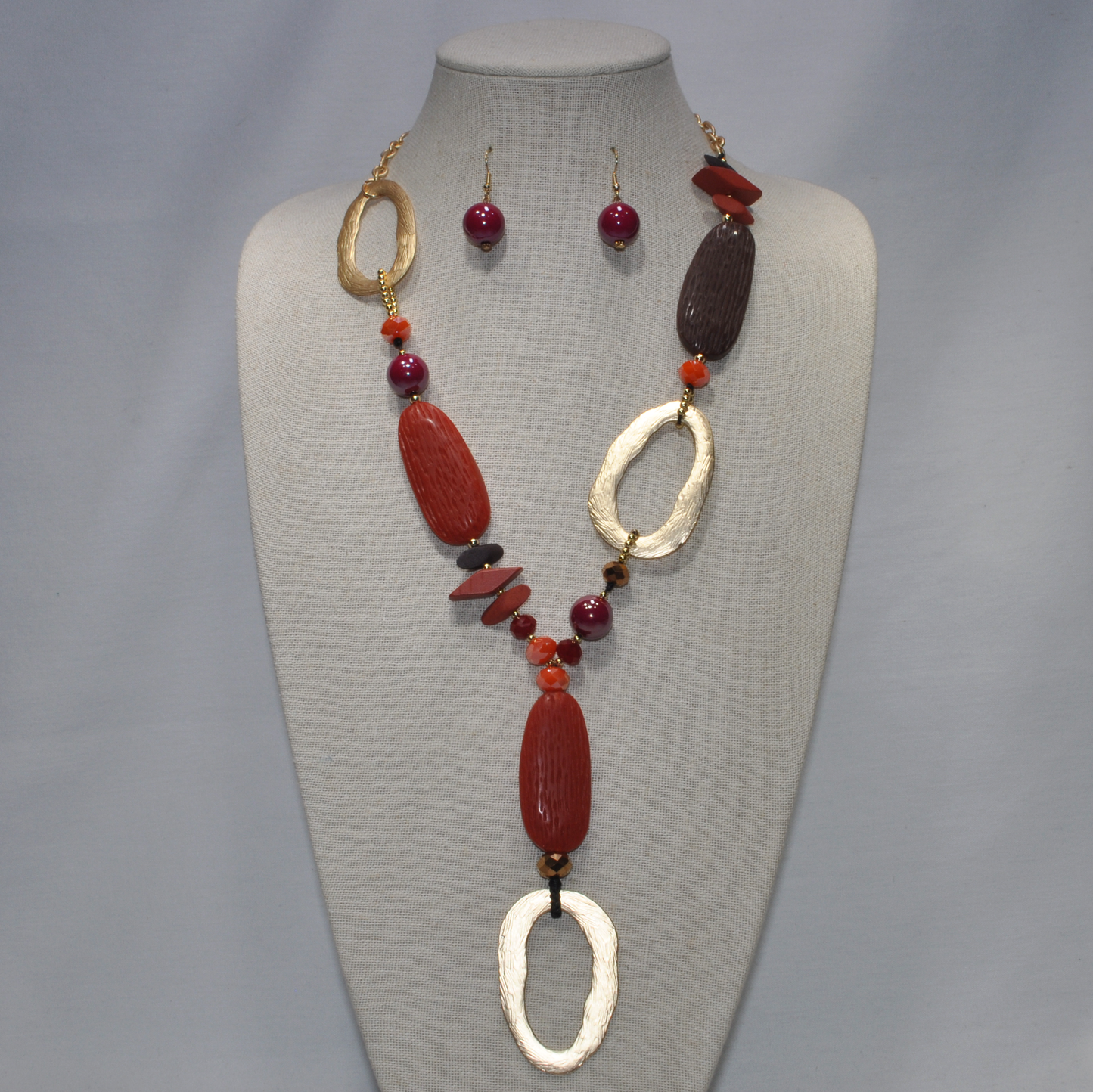 Long Wood Look Kidney Shape Beads "Y" Shape Necklace Set