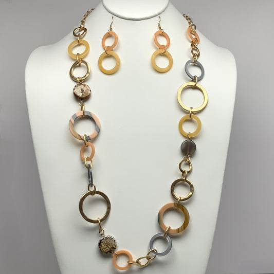 Long Lucite/Acrylic and Metal Circles Chain Link Necklace Set