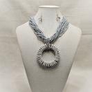 Short Multi Strand Seed Bead Necklace set with Crystal Wrap Circle Pendant