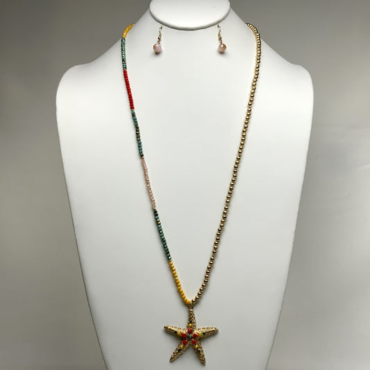 Long Crystal and Metal Beads with Starfish Pendant