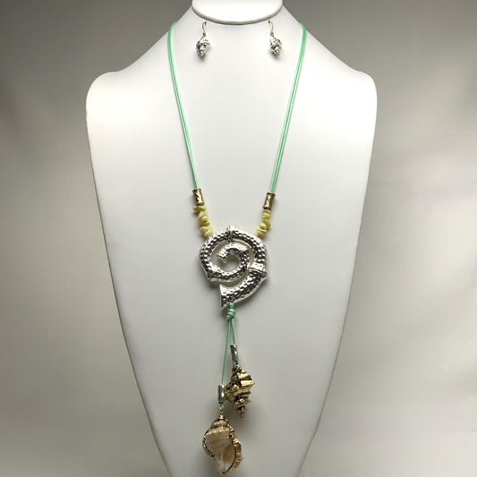 Long Double Vinyl Cord with Metal Nautilus Pendant and Tassel