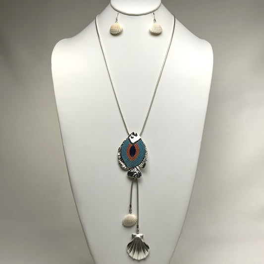 Long Snake Chain with Metal and Beaded Fish and Tassel