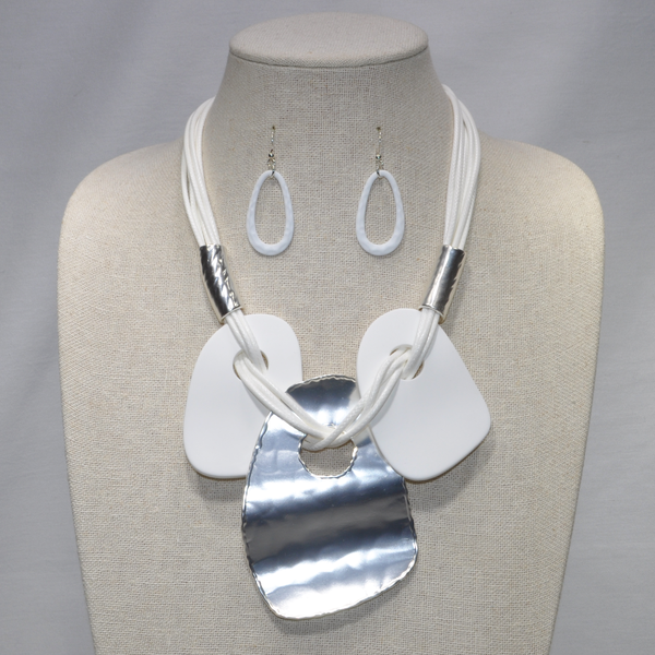 Vinyl Cords with Textured Metal and Flat Lucite Geo Rectangles Necklace Set