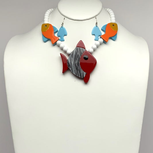 Short Beaded Lucite/Acrylic Fish Necklace Set