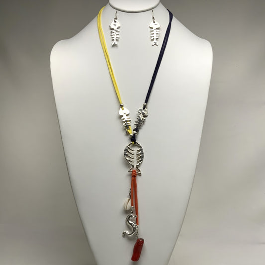 Long Double Suede Cord with Bone Fish Spacers and Tassel