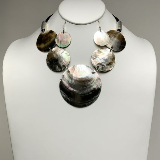 Short Triple Vinyl Cord with Five Abalone Disc Bib Style Necklace Set