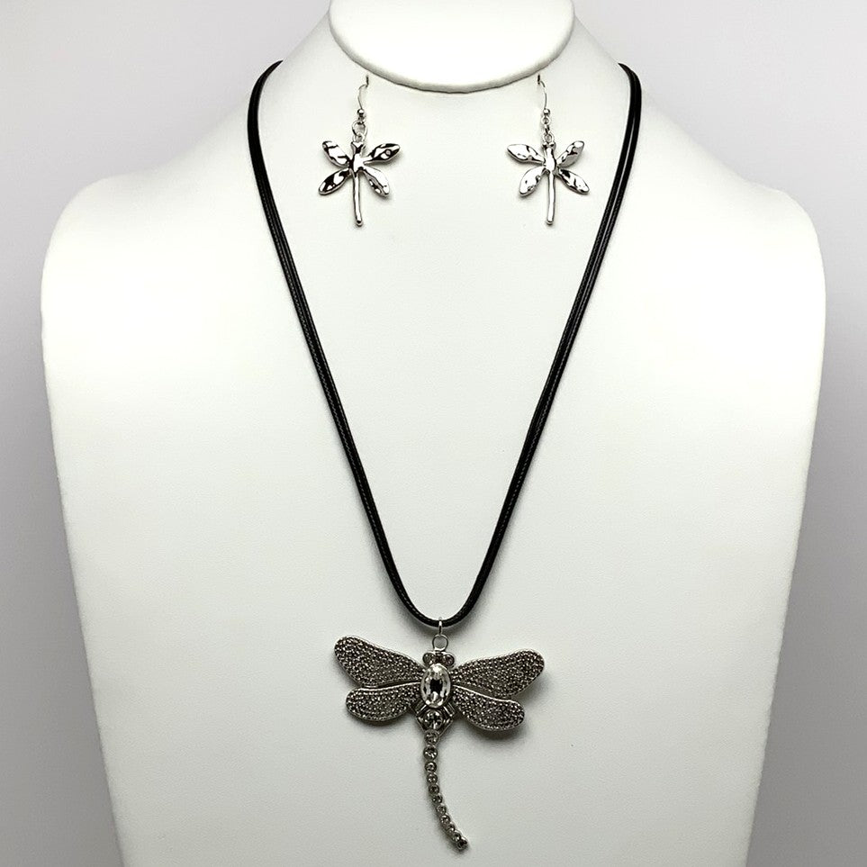 Long Vinyl Cords Necklace Set with Rhinestone Bling Dragonfly Pendant