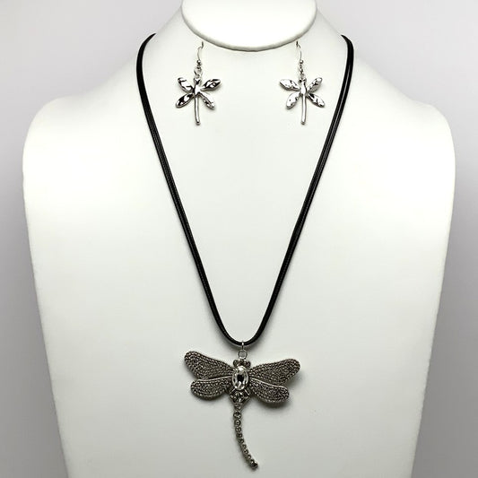 Long Vinyl Cords Necklace Set with Rhinestone Bling Dragonfly Pendant