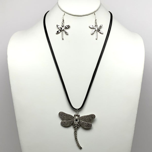 Long Vinyl Cords Necklace Set with Rhinestone Bling Dragonfly Pendant