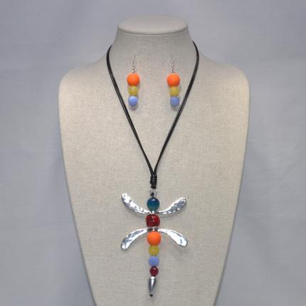 Brushed Metal and Bead Dragonfly Necklace Set