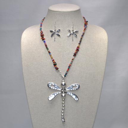 Stone Beads and Metal Dragonfly Necklace Set