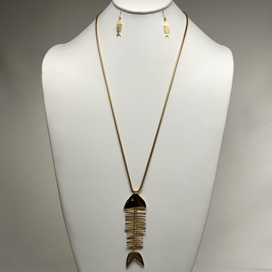 Long Snake Chain with Metal Bone Fish with Clear Eye