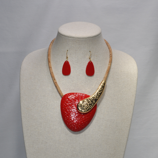 Cork Cord with Enamel Metal and Textured Pendant Necklace Set