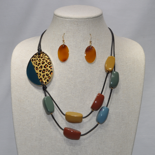 Short Vinyl Cords Necklace Set with Enamel Coated Beads and Lucite/Acrylic Animal Print Spacer