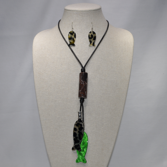 Long Vinyl Cord Bolo Look Fish Necklace Set