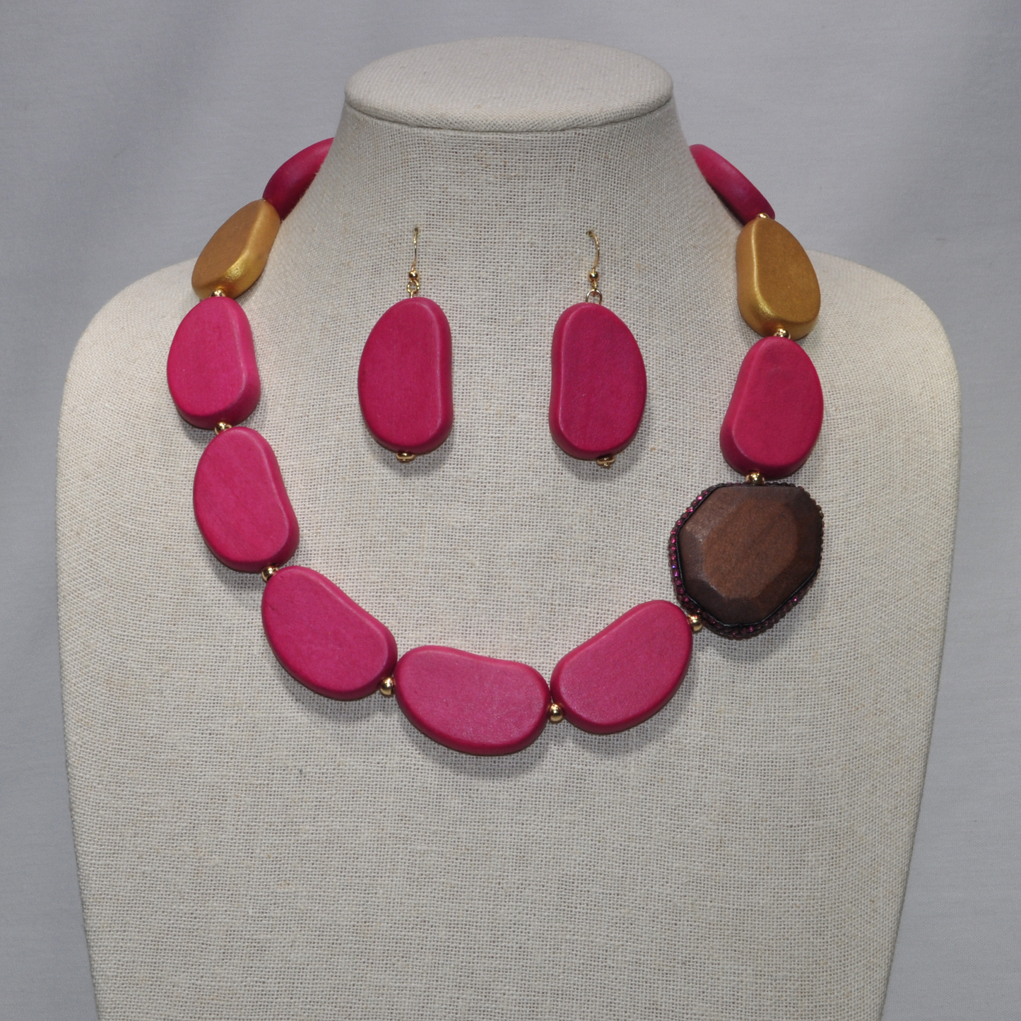 Flat Wood Nugget Necklace Set