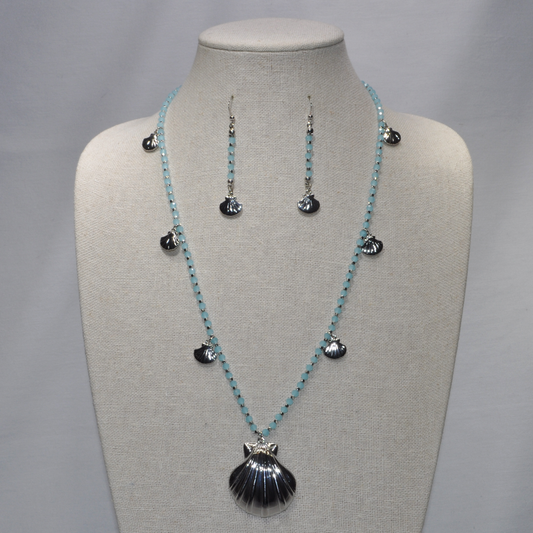 Long Crystal with Metal Shell Charms and Pendant Necklace Set