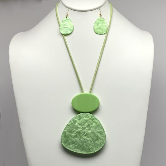 Long Vinyl Cord Necklace Set with Large Lucite/Acrylic Pendant