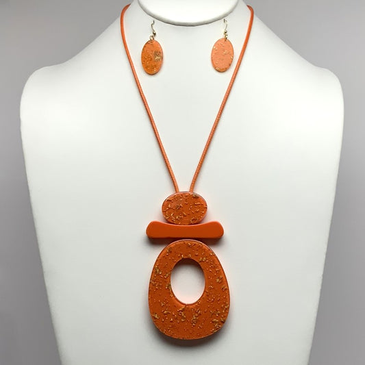 Long Vinyl Cord Lucite/Acrylic Necklace Set with Large Speckled Tear Drop Pendant