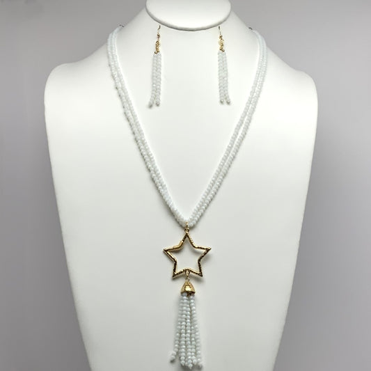 Long Multi Strand Crystal Necklace Set with Metal Star and Tassel