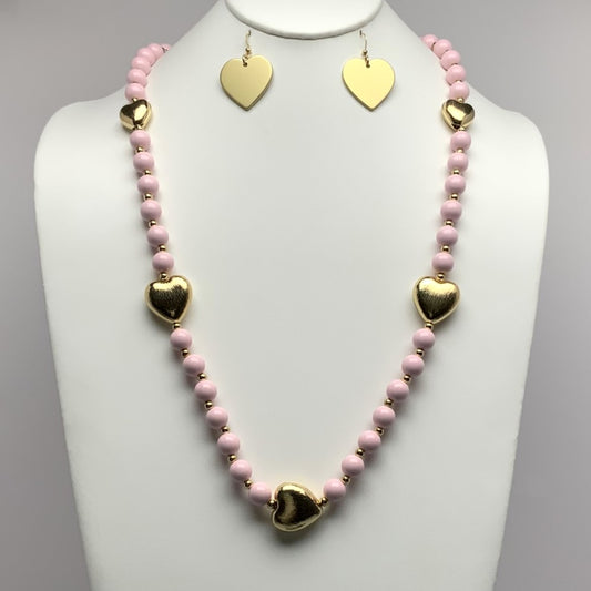 Long Lucite Beads with Metal Heart Spacers Necklace Set