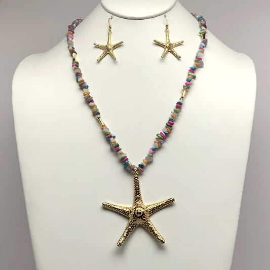 Long Semi-Precious Look Nuggets Necklace Set with Starfish Pendant