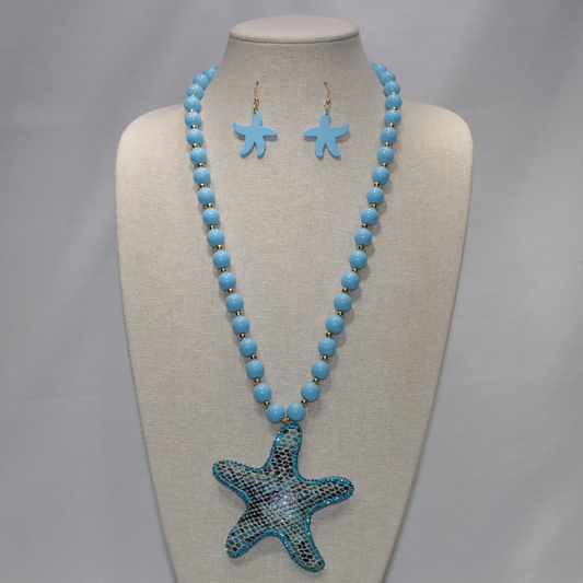 Long Beaded Necklace set with Bling Edged and Reptile Print Starfish