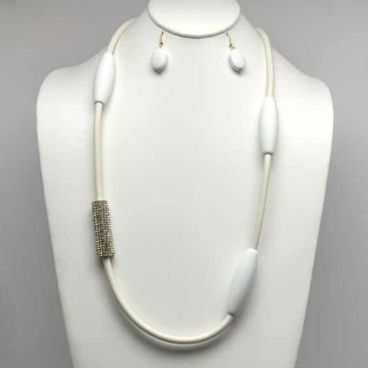 Long Thick Rubber Cord with Cylinder Shaped Spacers and Rhinestone Bling Tube Necklace Set