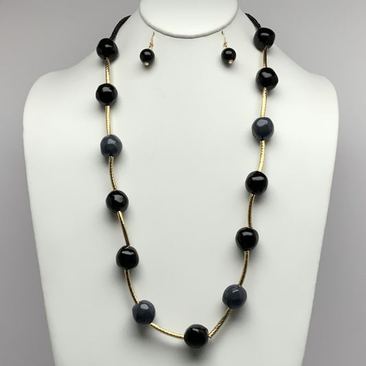 Long Beaded and Diamond Cut Bars Necklace Set