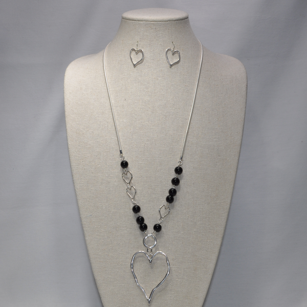 Long Snake Chain with Beads And Hammered Heart Pendant Necklace Set