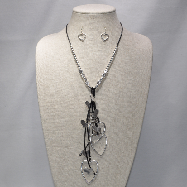 Long Vinyl Cord with Beads and Heart Tassels Necklace Set