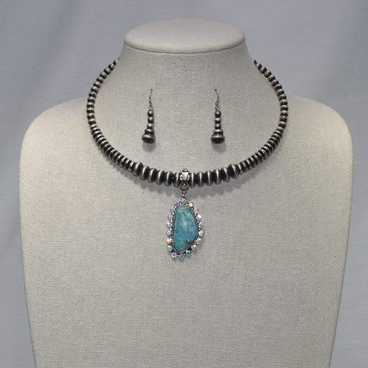 Metal Beaded Choker with Western Look Stone Pendant