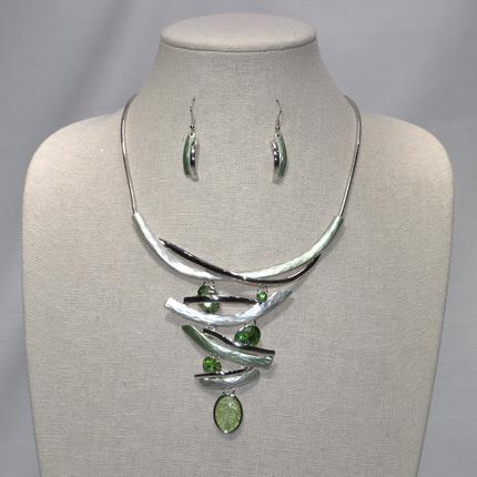 Textured Metal and Rhinestone Drop Necklace Set