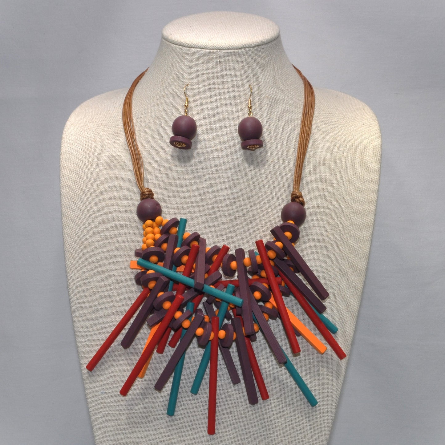 Bohemian Look Wood Spike Necklace Set