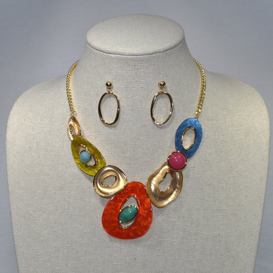 Short Enamel/Lucite and Metal Bib Style Necklace Set