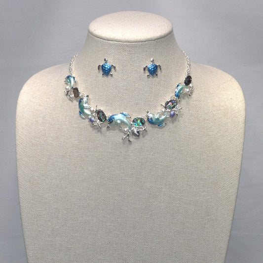 Short Abalone and Enamel Bib Style Nautical and Dolphin Necklace set