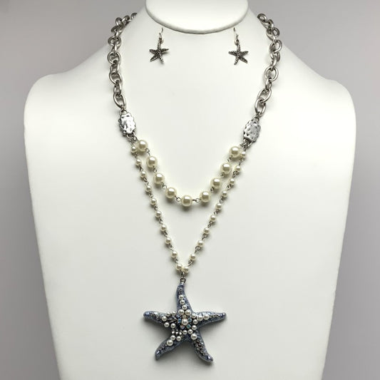 Long Chain Link and Pearl Necklace Set with Starfish Pendant