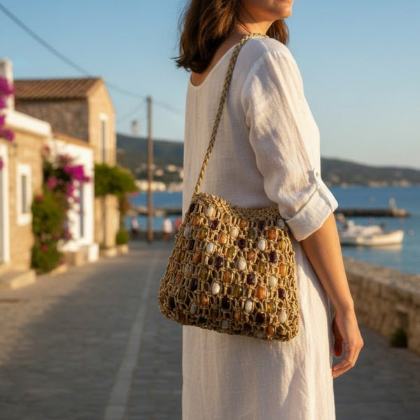 Stone Beaded Knot Cord Shoulder Bag