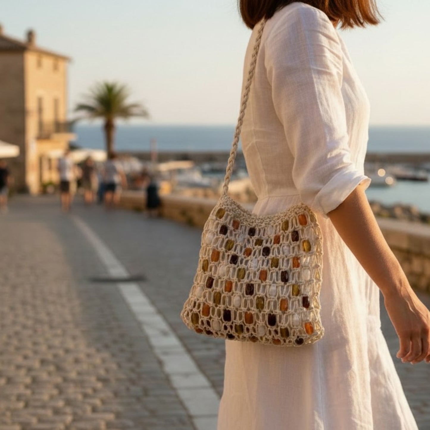 Stone Beaded Knot Cord Shoulder Bag